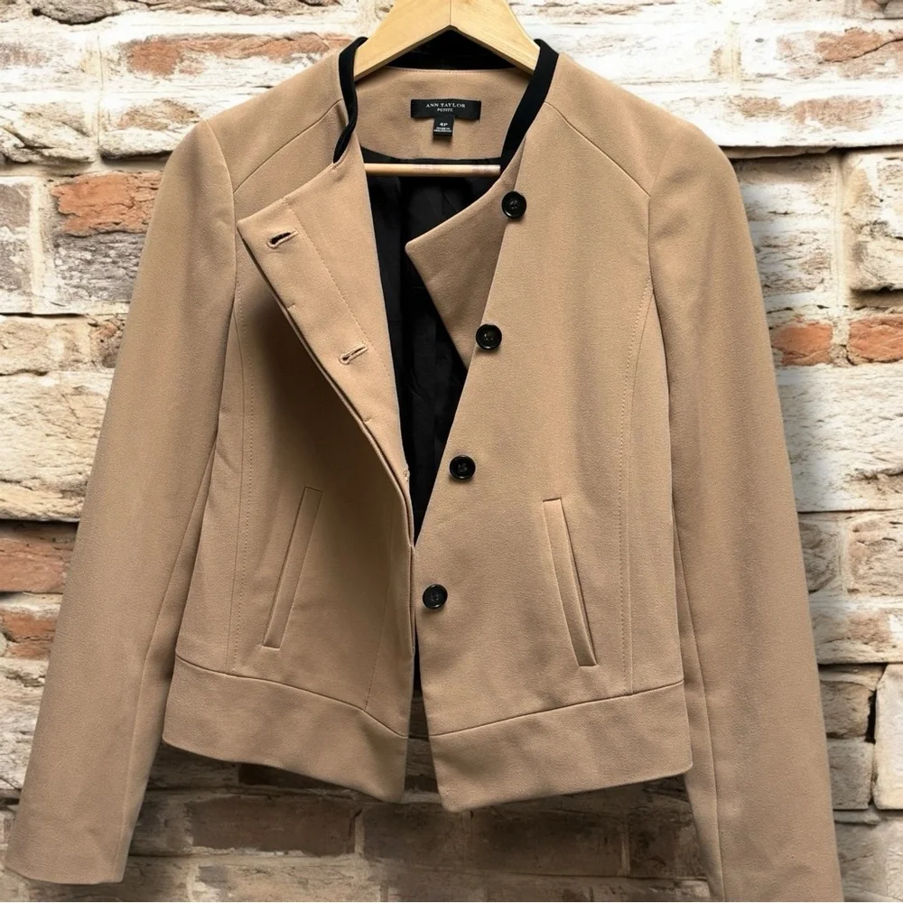 Ann Taylor Petite Khaki with Black Trim Structured‎ Jacket with Zipper Details